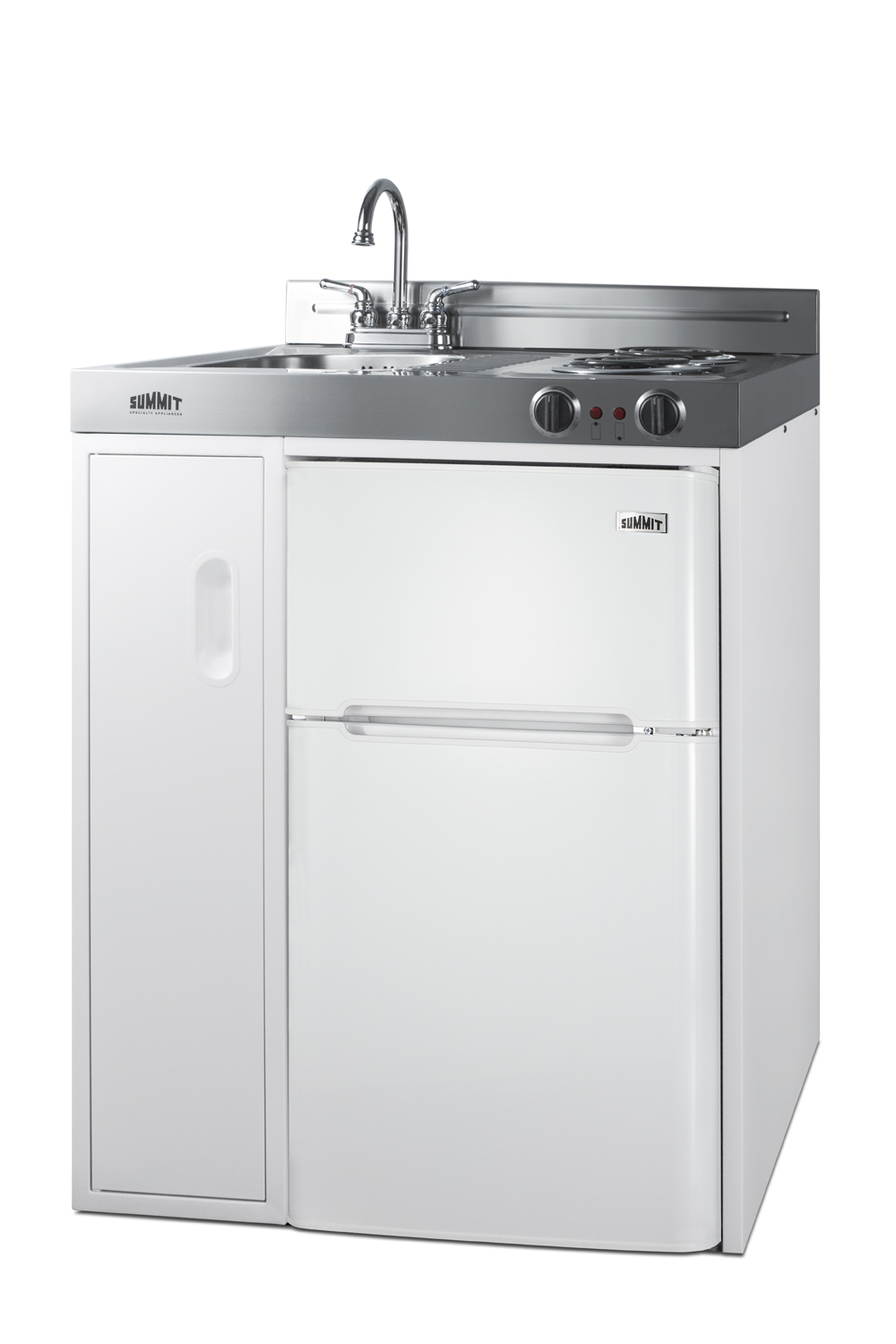 30 inch wide all-in-one kitchenette with 2-burner 115V coil cooktop, refrigerator-freezer, sink, and storage cabinet